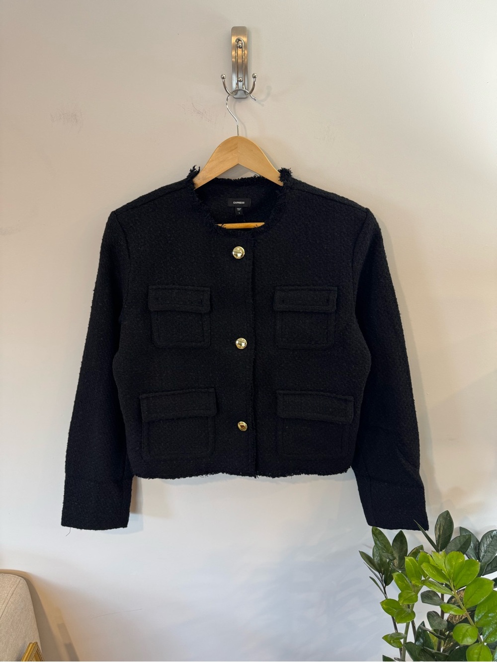 Express Pocket Bouclé Blazer Jacket, Black, Women’s Large, NWT